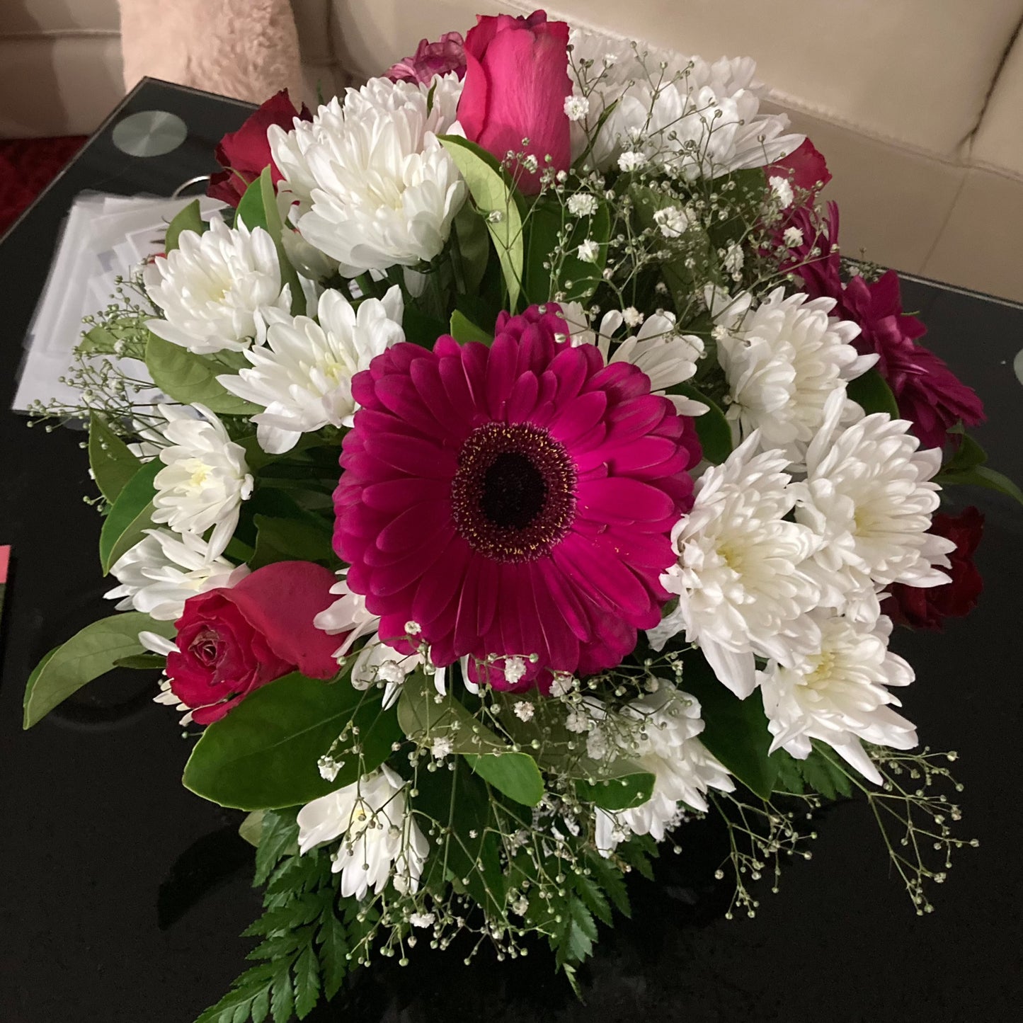 Box arrangement - rose, gerbera and chrysanthemum